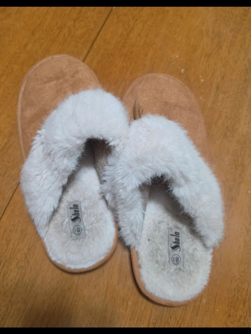 Shein Tan Suede-Look Slippers with White Faux Fur Collar